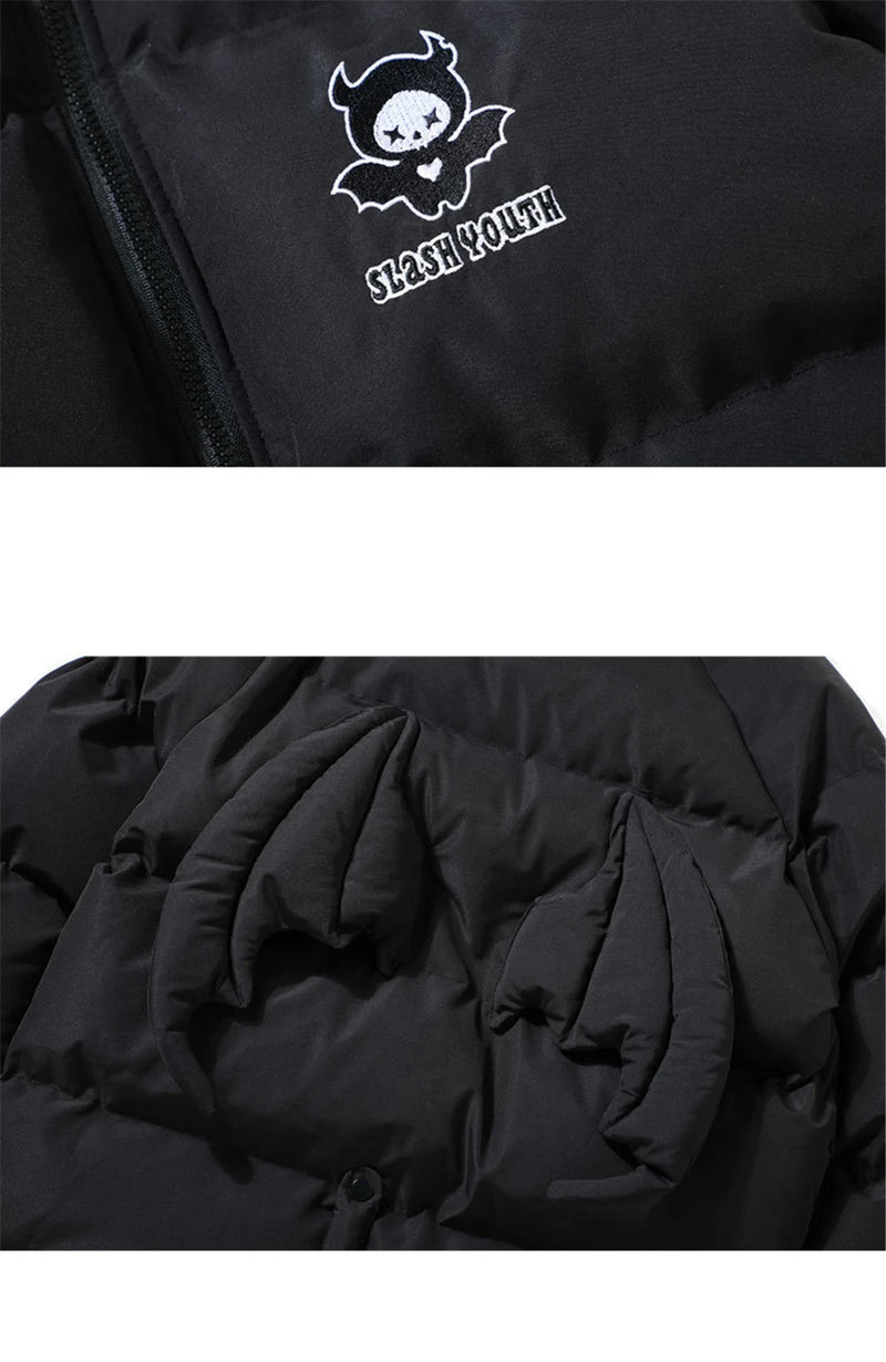 Devil Horn Hooded Jacket Parka with Bag 2023 Winter Streetwear Thick Warm Bubble Padded Coats Harajuku Casual Puffer Jackets