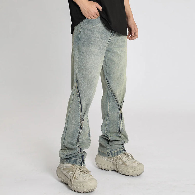 streetwear mens zipper jeans solid color patchwork straight jeans summer casual hip hop denim pants high street loose trousers ripped baggy denim