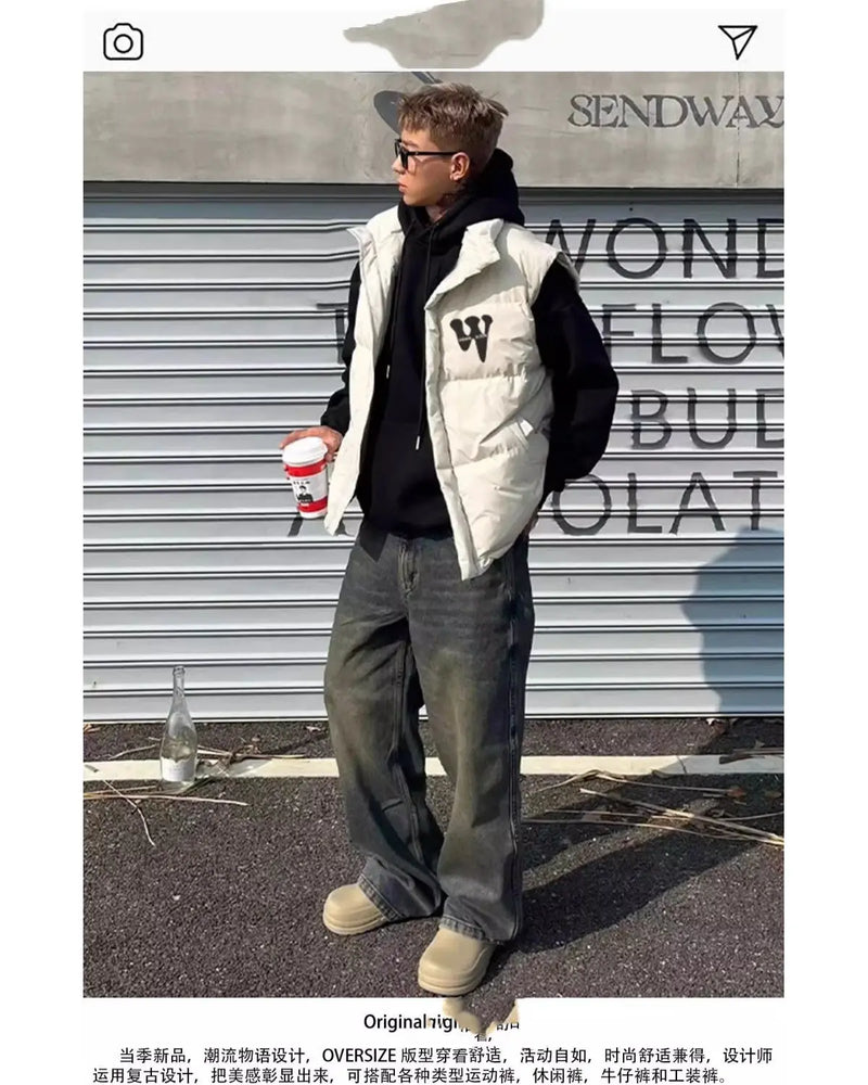 2024 Winter Korean Printed Stand Collar Vest Cotton Jacket New Ins American Street Casual Personality Handsome Sleeveless Vest