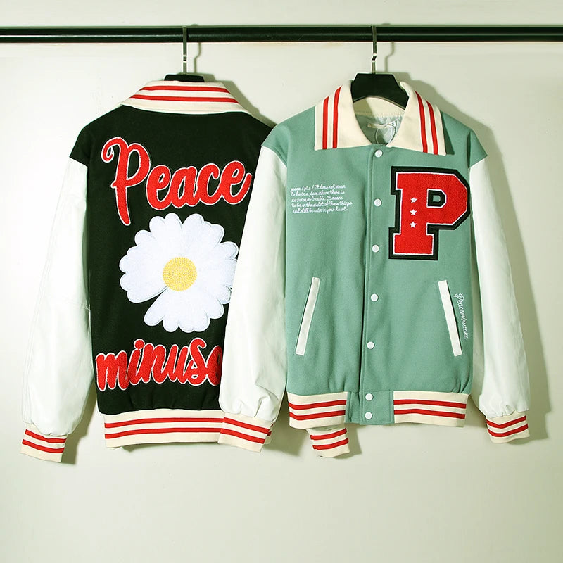 style high - streetwear print oversized wear graphic japanese-retro-letter-and-daisy-embroidery-contrast-color-thick-woolen-jacket-for-men-and-women-streetwear-casual-winter-coat essential material style fit quality unisex hip fashion design everyday image casual premium hop urban 7e50c1 streetwear design ID c592f