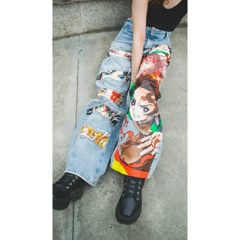 harajuku popular anime kokushibo print baggy jeans new style wide leg trouser y2k streetwear for men women high waist pants unique jeans style 4273