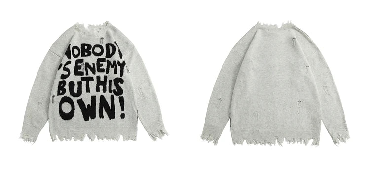 hip hop knitted pullover, bold design pullover, cozy fashion fit, stylish street outfit, modern aesthetic appeal