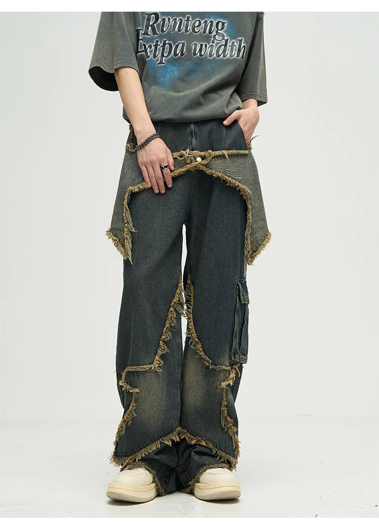 fashion patchwork frayed star denim straight jean pant men casual side pocket y2k trouser unisex hip hop streetwear jeans pants unique jeans style 392