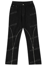 streetwear mens zipper jeans solid color patchwork straight jeans summer casual hip hop denim pants high street loose trousers unique jeans style 3501