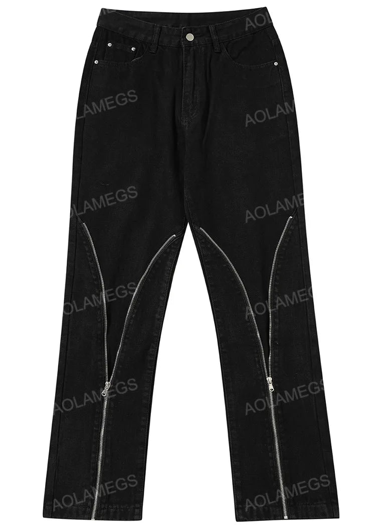 streetwear mens zipper jeans solid color patchwork straight jeans summer casual hip hop denim pants high street loose trousers unique jeans style 3501