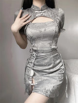 Vintage Chinese Style Cheongsam High Split Mini Dress 2024 Tie Dye Gothic Women Aesthetic Bandage Dresses Y2k Sexy Bodycon Robe