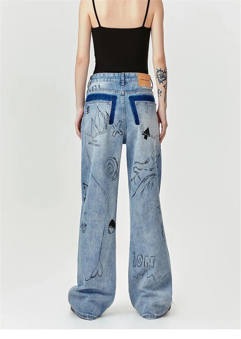 men baggy ripped jeans graffiti printed straight denim pants distressed jeans male streetwear hip hop jeans trousers y2k unique jeans style 5598