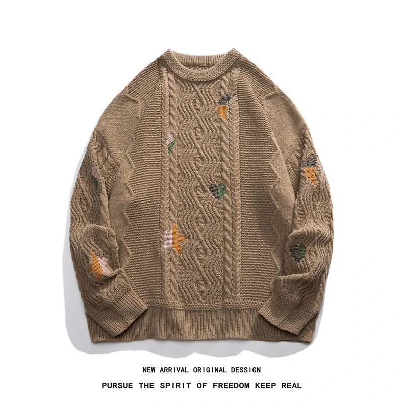grunge knit sweater with heavyweight fabric, layered urban look for cold weather, street fashion menswear trend for seasonal 