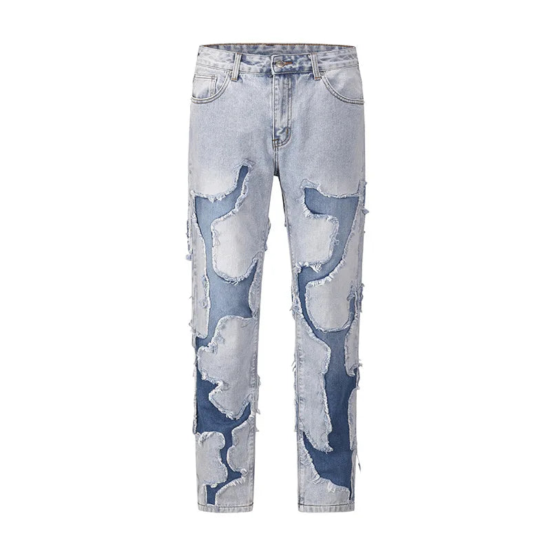 streetwear swag style blue frayed jeans pants for men retro washed ripped casual tapered denim trousers slim fit y2k jean male vintage washed jeans