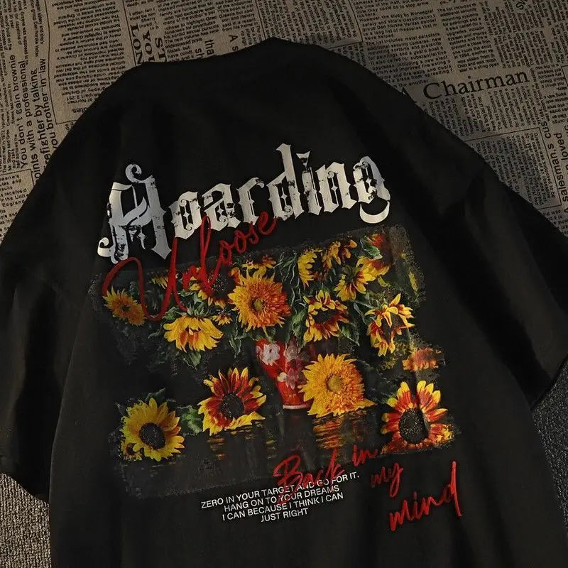Vaporwave Vintage print – Pure Cotton American Retro Sunflower Print Short Sleeved T S