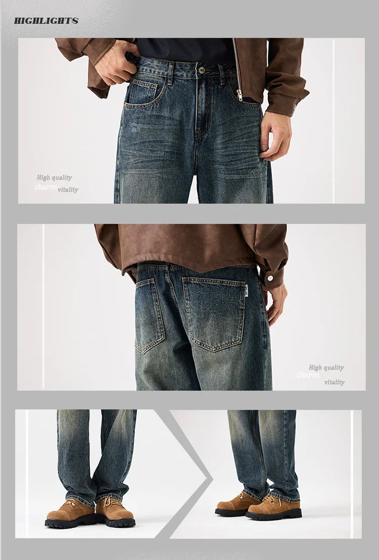 mens streetwear fashion loose casual plus size straight wide leg denim baggy jeans pants boyfriend jeans trousers unique jeans style 2928