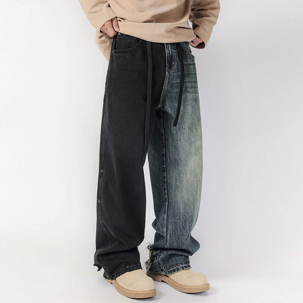 men streetwear fashion black blue splice hip hop loose casual wide leg straight baggy jeans pant cityboy jeans pants trousers denim street jeans