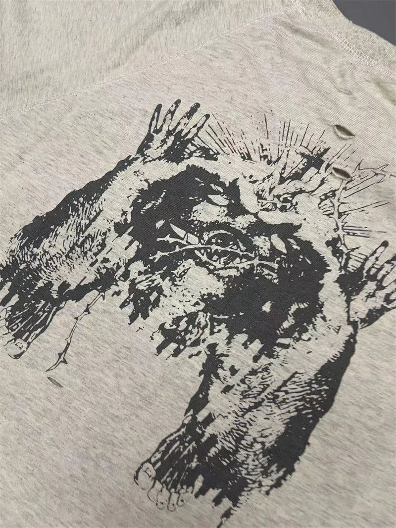 sadcore oversized shirt featuring vintage 2024 print retro high street portrait graffiti print destroys mens washed and worn loose t shirt