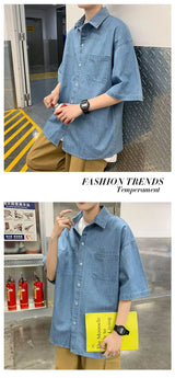 American summer thin denim shirt for men and women loose fit hip-hop short sleeved retro personality casual street top harajuku