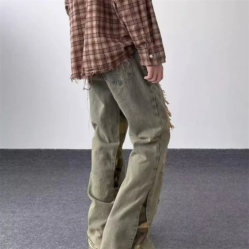 hip hop camouflage ripped patchwork denim pants for men y2k vintage streetwear wide leg jean 2025 new distressed baggy jeans urban skinny jeans