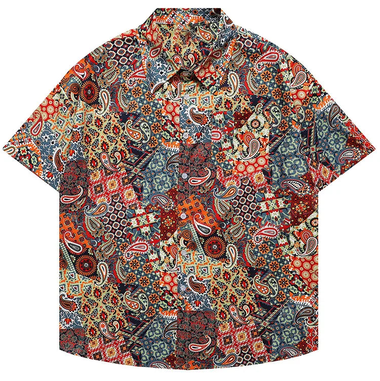 Plaid Cashew Flower Printed Short Sleeve Shirt Loose Stylish Tops High Street Casual Versatile Clothing