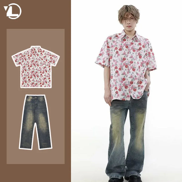 summer harajuku set mens flower print casual short sleeved top gradient straight leg jeans 2 pcs set high street trendy suit vintage washed jeans