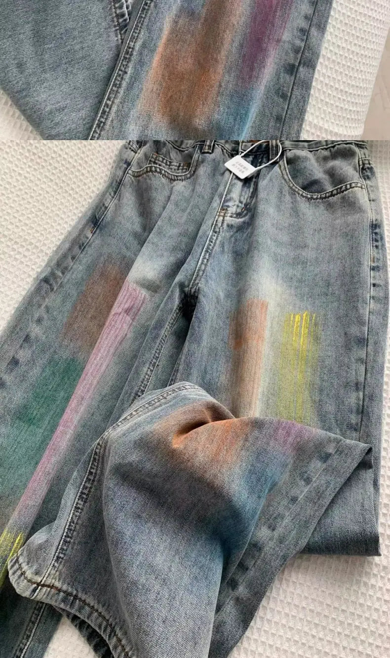 american retro personalized trend color gradient jeans for men and women new washed straight leg micro flared casual pants y2k unique jeans style 652