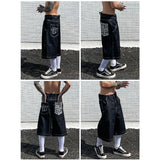 hip hop pockets embroidery letter print jeans shorts for men summer retro oversized wide leg denim knee lenght pants unique jeans style 3634