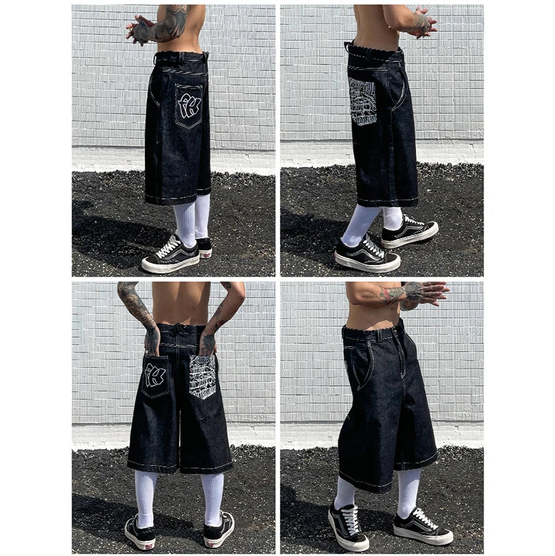 hip hop pockets embroidery letter print jeans shorts for men summer retro oversized wide leg denim knee lenght pants unique jeans style 3634