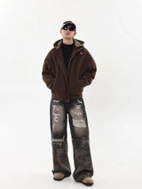 American Hoodie Mens Detachable Hat Grid Pattern Color Block Loose Fak