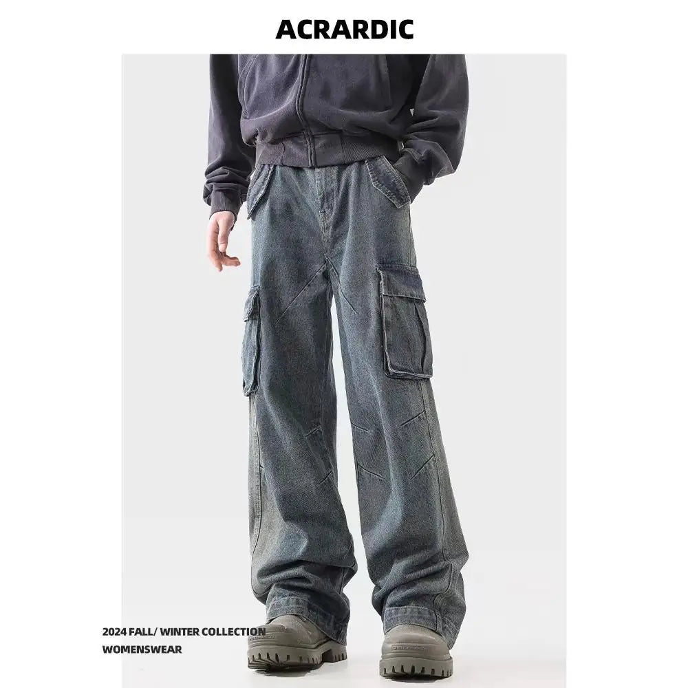 american spring and autumn street trendy personalized work clothes jeans for couples loose retro straight leg casual pants y2k stacked flare jeans