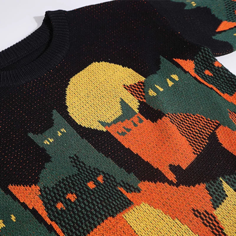 mens streetwear sweater retro vintage cats pattern hip hop knitted sweater pullover 2023 casual cotton sweater unisex clothes - graphic printed hoodie for men and women, anime inspired graphic hoodie, vintage look oversized hoodie
