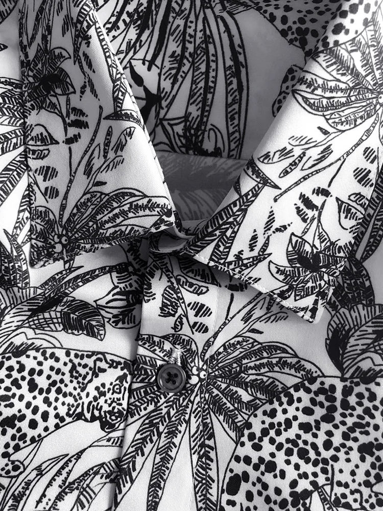 New 2021 luxury Men Classic Sketch jungle Leopard Fashion 50% Silk Casual Shirts Shirt high quality Pocket Short sleeves #A47