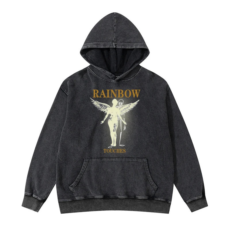 cyberpunk melting smiley featuring rainbowtouches washed hooded sweatshirts design clothes fashion vintage street wear hoodies stylish cotton hoodie black