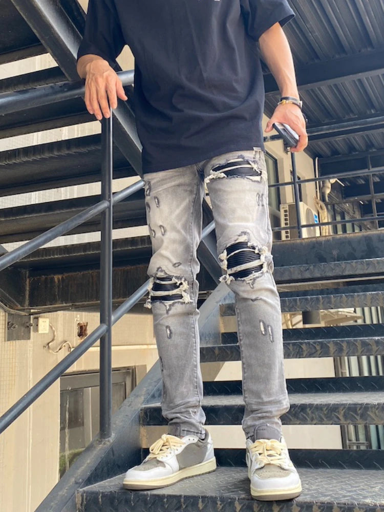 knee holes patckwork skinny denim jeans mens casual button fly slim biker trousers fashion streetwear hip hop jean pants joggers casual joggers