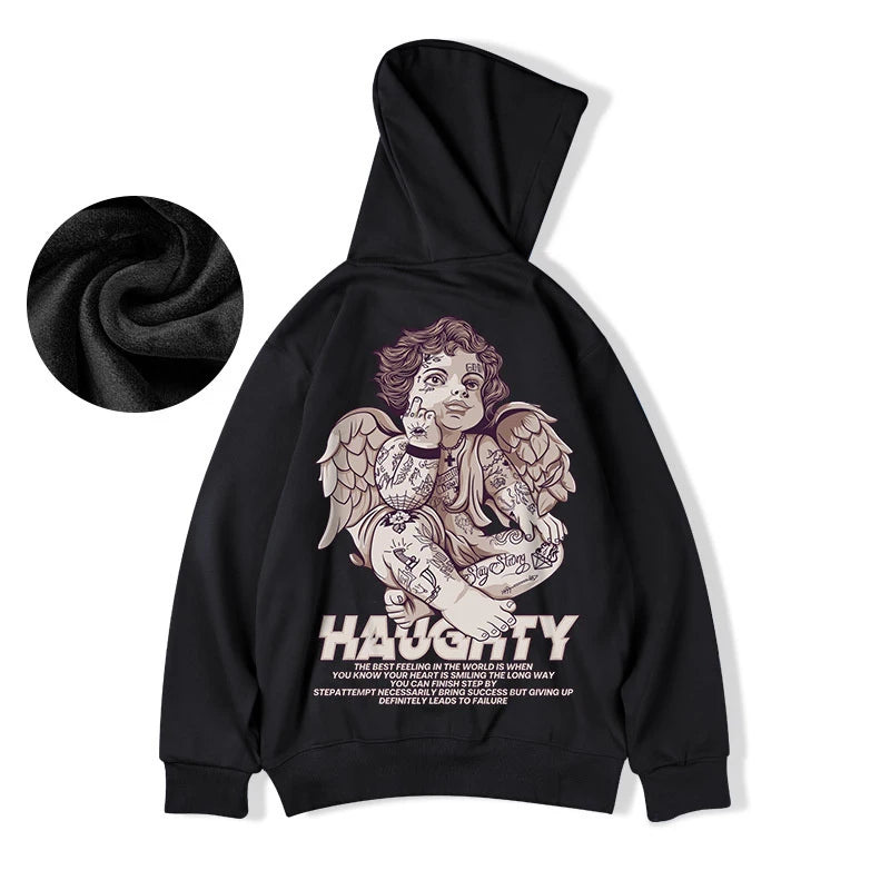 Autumn Haughty Angel Graphic Fleece Hoodies For Men Oversized Retro