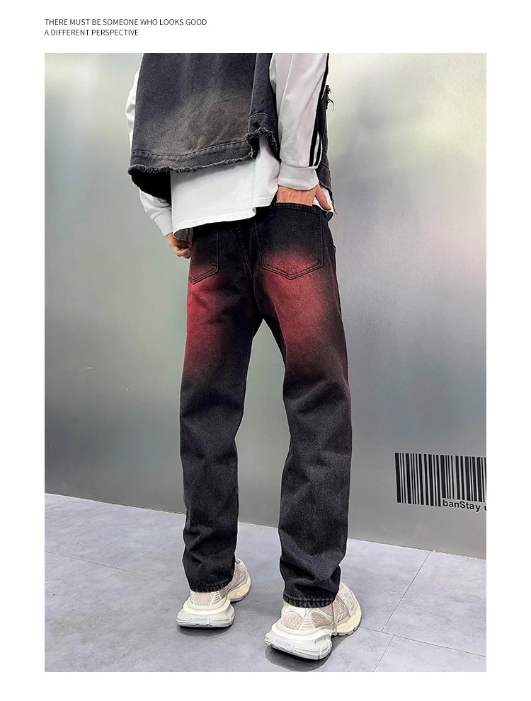 2024 spring autumn high street wide leg denim pants men render red loose straight jeans y2k fashion streetwear baggy trousers unique jeans style 4413