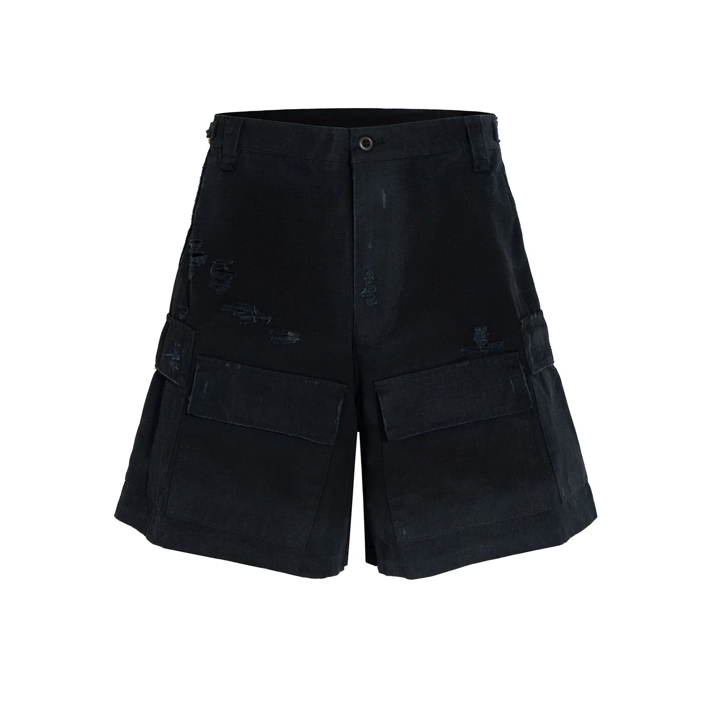 vintage ripped damaged black cargo shorts for men high street wide leg baggy overalls distressed summer knee length pants combat utility trousers