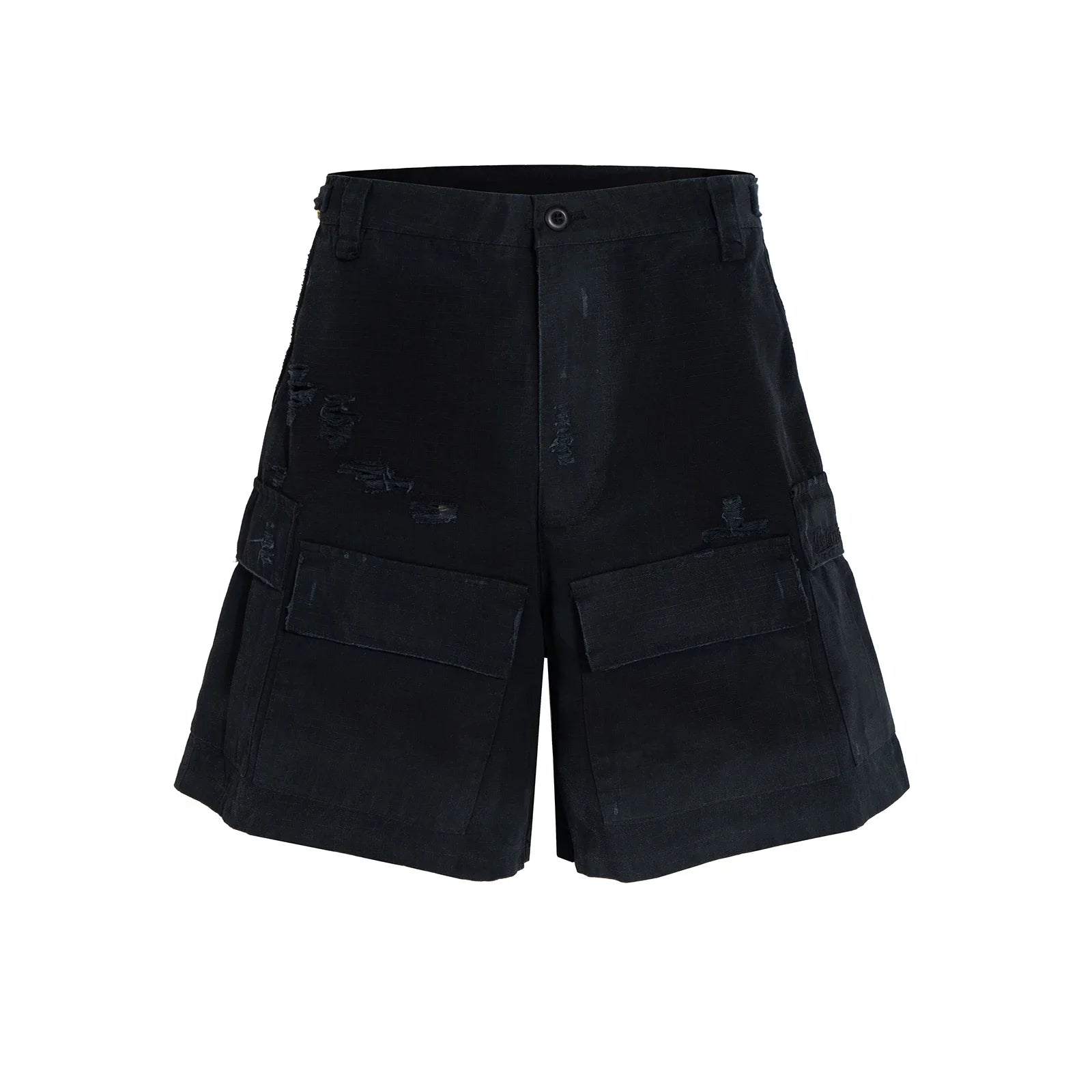 vintage ripped damaged black cargo shorts for men high street wide leg baggy overalls distressed summer knee length pants combat utility trousers