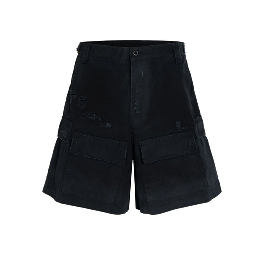 vintage ripped damaged black cargo shorts for men high street wide leg baggy overalls distressed summer knee length pants combat utility trousers