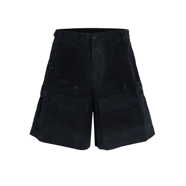 vintage ripped damaged black cargo shorts for men high street wide leg baggy overalls distressed summer knee length pants combat utility trousers