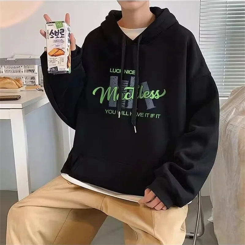 2024 New Cotton Fleece Hooded Sweatshirt For Men Autumn Long Sleeve Pu