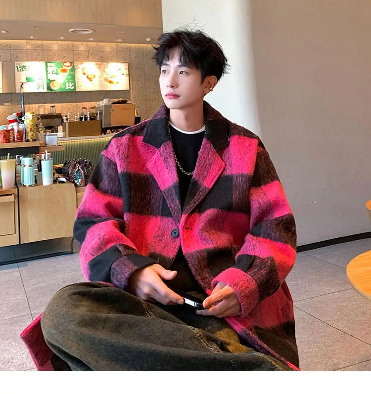 Plaid Woolen Trenchcoat Men Autumn Winter Fashion Retro Streetwear Suit Collar Loose Casual Trendy Trench Coat Outerwear
