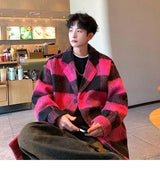 Plaid Woolen Trenchcoat Men Autumn Winter Fashion Retro Streetwear Suit Collar Loose Casual Trendy Trench Coat Outerwear