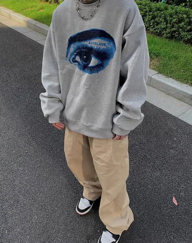 Trendy Korean Style Personalized Eye Print Round Neck Sweatshirt Men and Women Autumn and Winter Y2K High Street Hip-hop Tops