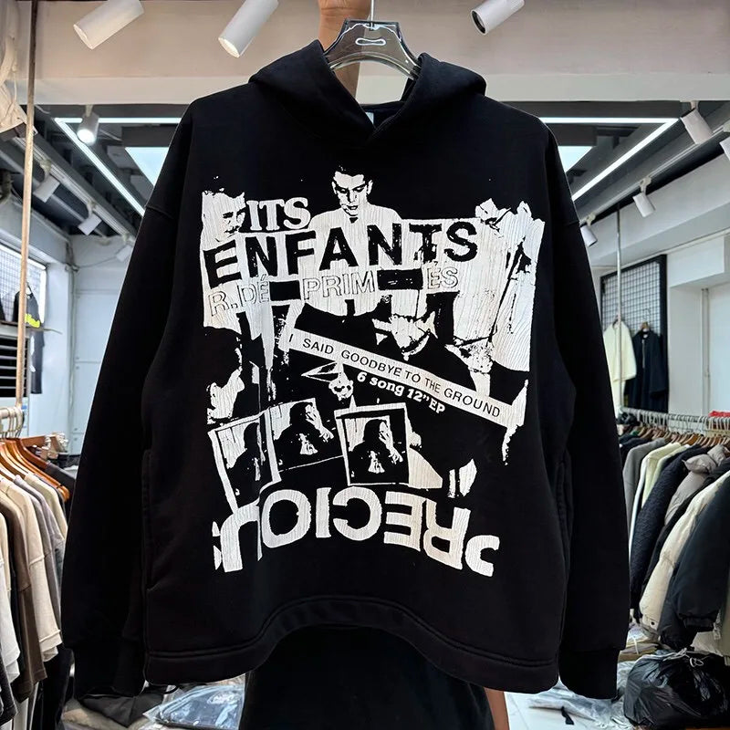 Retro 90s skater hoodie with washed-out punk rock vibe