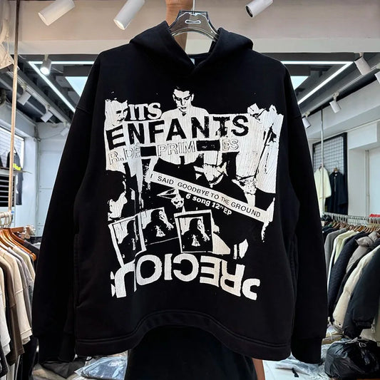 Retro 90s skater hoodie with washed-out punk rock vibe