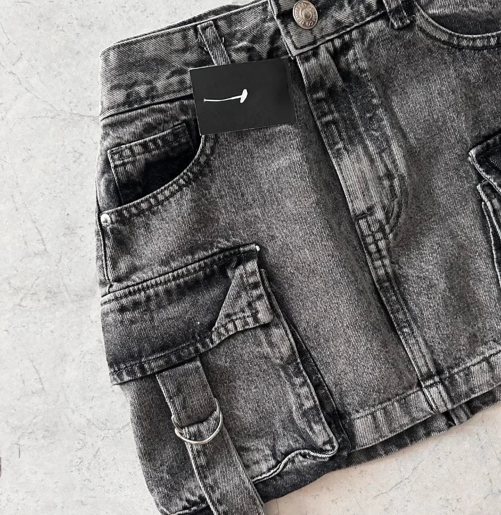 Vintage Y2K New Harajuku Multiple Pockets Denim Plaid Skirt Goth Black Mini Skir Fashion Womens Casual Versatile Sexy Streetwear