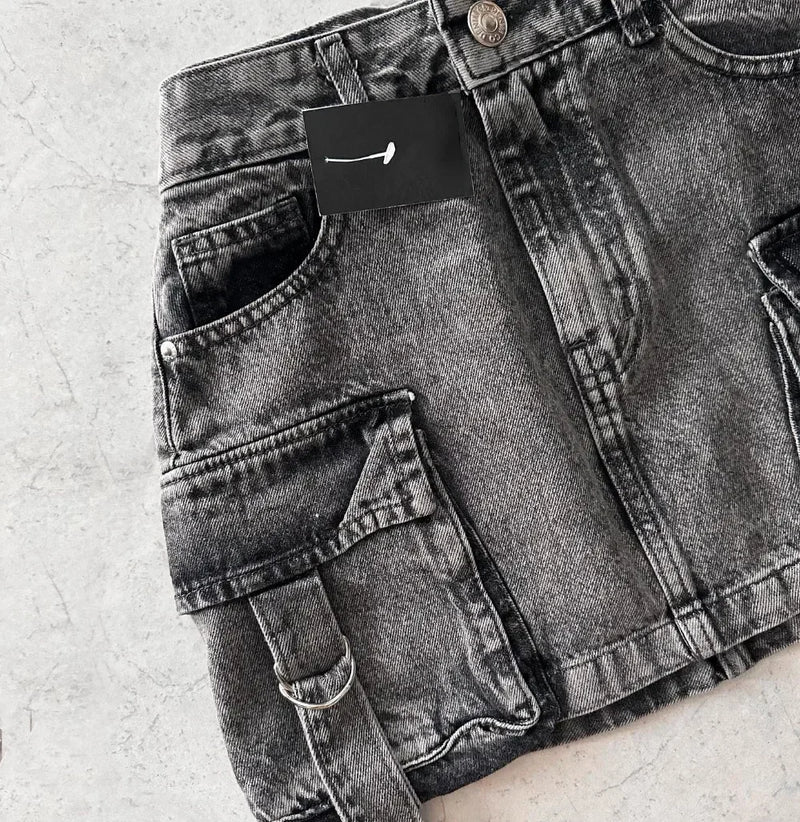Vintage Y2K New Harajuku Multiple Pockets Denim Plaid Skirt Goth Black Mini Skir Fashion Womens Casual Versatile Sexy Streetwear