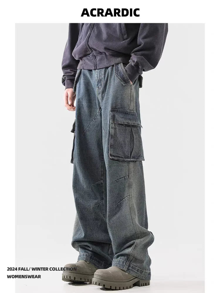 american spring and autumn street trendy personalized work clothes jeans for couples loose retro straight leg casual pants y2k unique jeans style 4972
