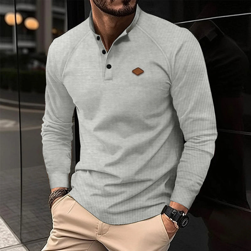 2024 New vintage Waffle Men's Henry shirt with button-down crew-neck and long sleeves