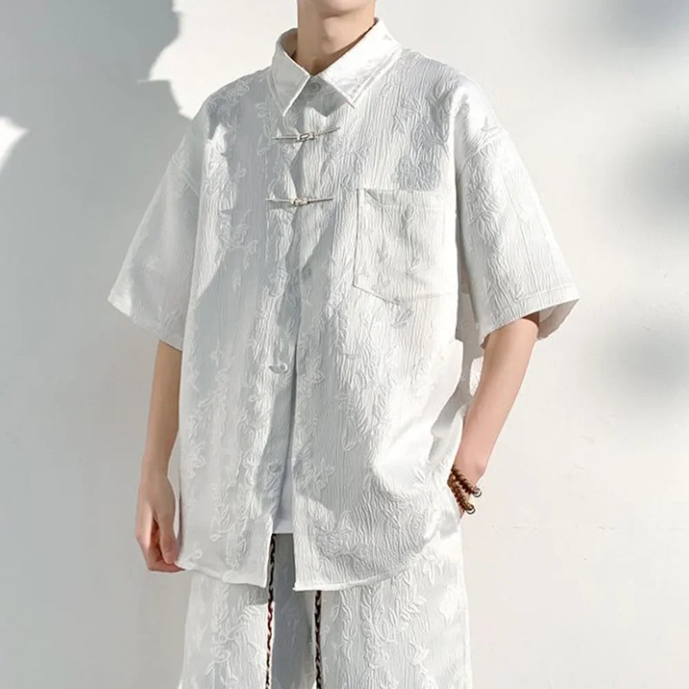Mens Chinese Loop Buckle Jacquard Design Shirt Daily Casual Personality Versatile Loose Short-sleeve Tops Unisex 2024 Summer