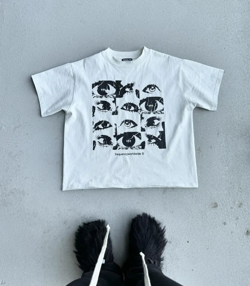 Sadcore Vintage t-shirt – Y2K Summer High Street Fashion Letters Eye Print Men Short S