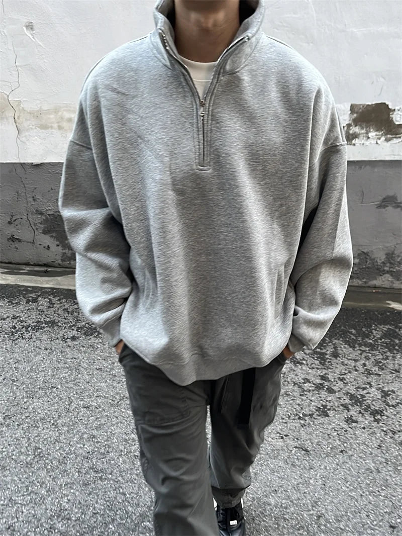 2024 New Half Zipper Design Sweatshirts For Men Autumn Y2K Vintage Stand Collar Pullover Hoodies Korean Fashion Casual