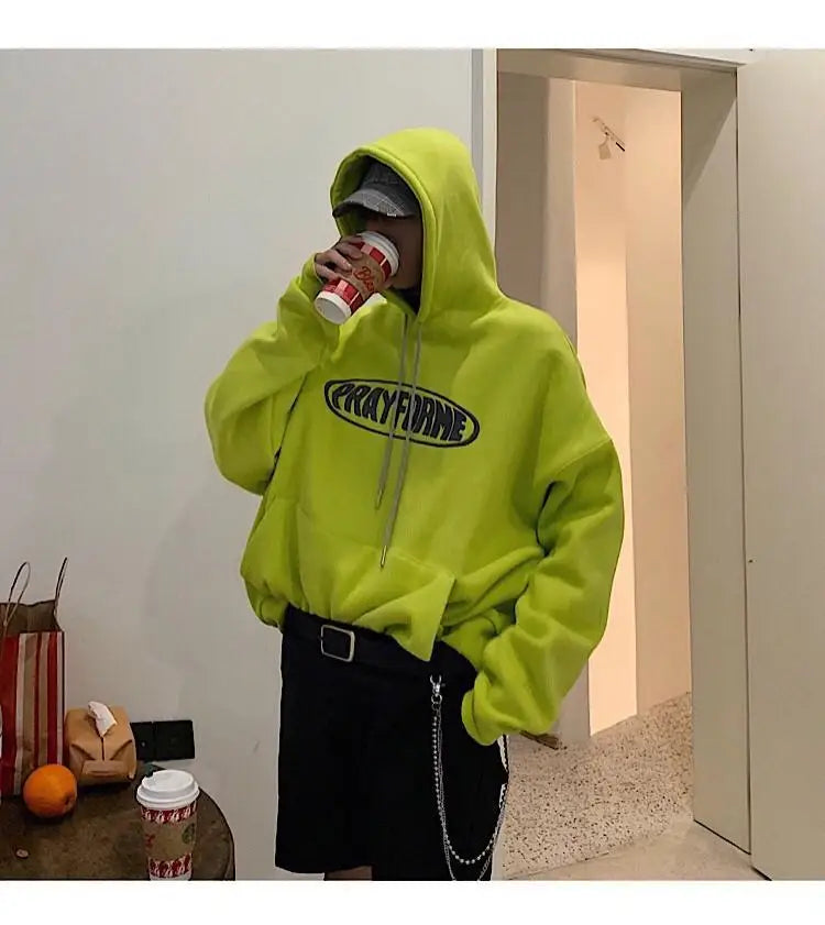 Trendy American Ins Green Hooded Sweatshirt for Men in Autumn 2024 New Trendy Brand Loose Y2K